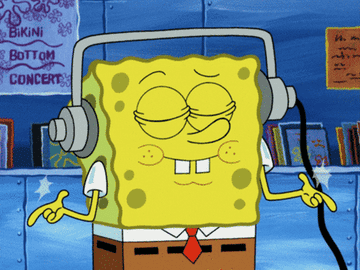 Spongebob snapping to music while wearing headphones