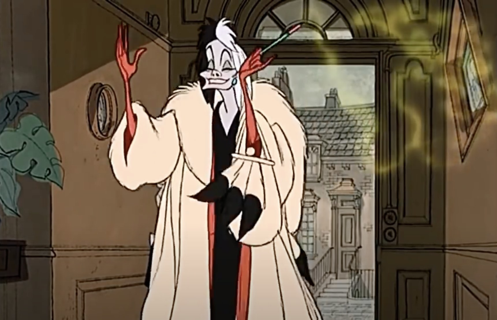 A screenshot from the animated film of Cruella holding her cigarette
