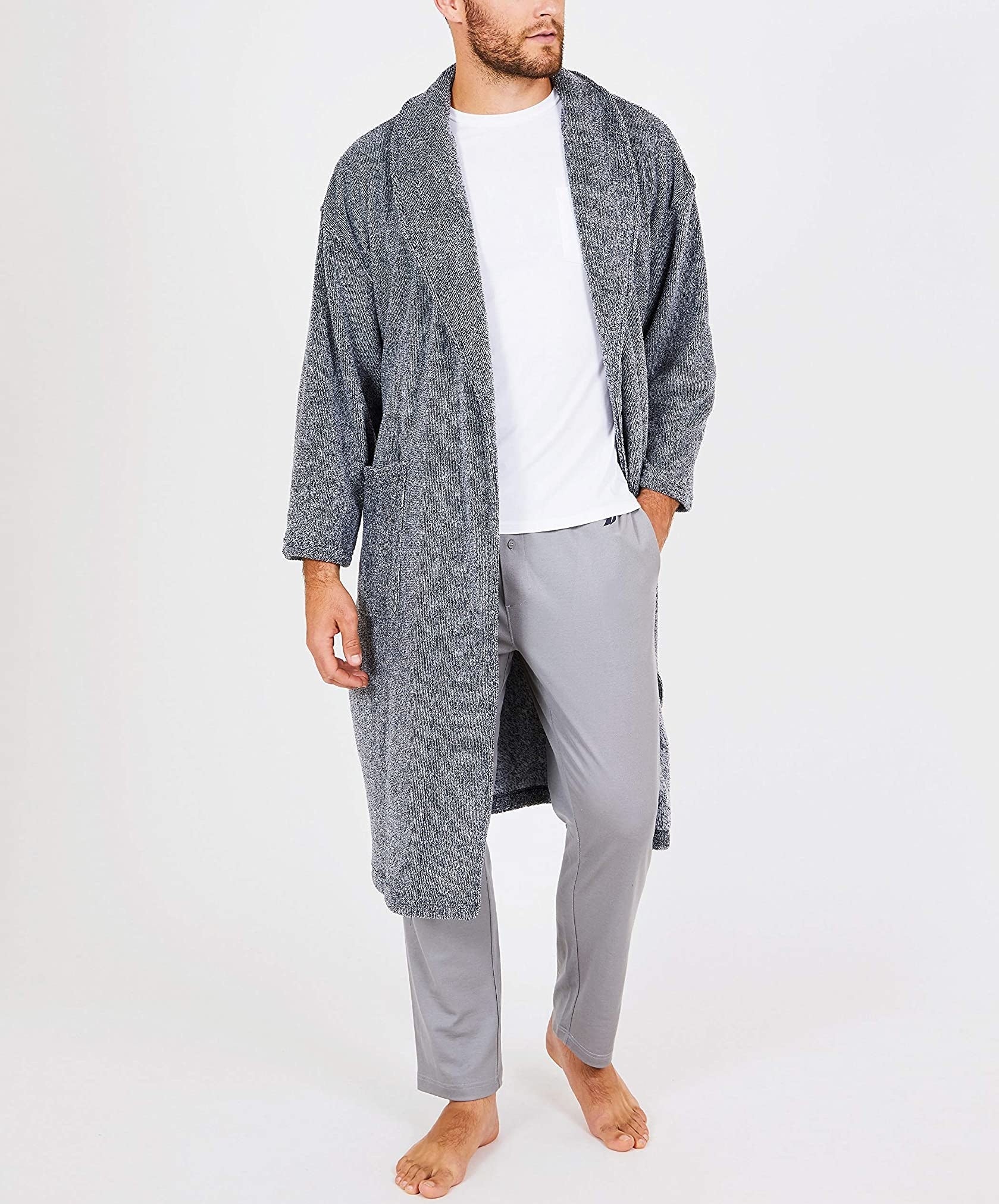 Model wearing the robe in gray