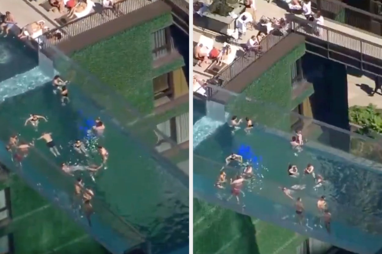 the transparent pool and people swimming in it