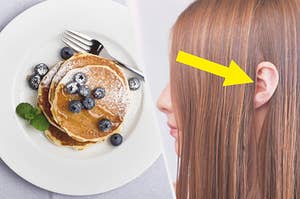 a plate of pancakes beside a girl with her ears sticking out of her hair