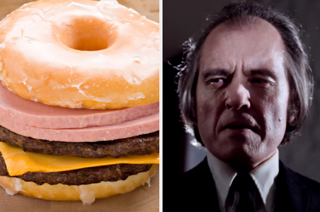 A donut sandwich is on the left with an evil-looking man on the right