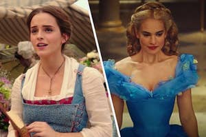 On the left, Emma Watson as Belle in the live-action "Beauty and the Beast," and on the right, Lily James as Cinderella in the live-action "Cinderella"