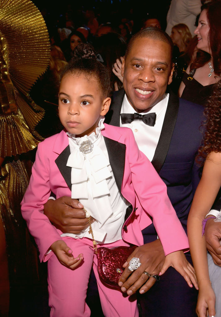 Jay-Z (R) and Blue Ivy Carter during The 59th Grammy Awards