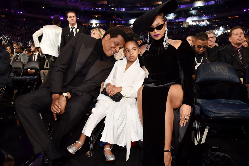 Jay-Z, daughter Blue Ivy Carter, and recording artist Beyoncé attend the 60th Annual Grammy Awards