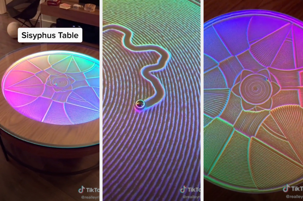 A wooden table with a glowing bed of sand in the middle and a marble that automatically moves to create designs in the same