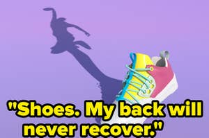 在紫色的背景上，彩色的跑鞋后面有一个人摆姿势的影子，后面写着“鞋子，我的背永远不会恢复”。