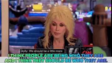An animation of Dolly Parton with the words, in rainbow color font, &quot;I think people are being who they are and I think they should be who they are.&quot; 