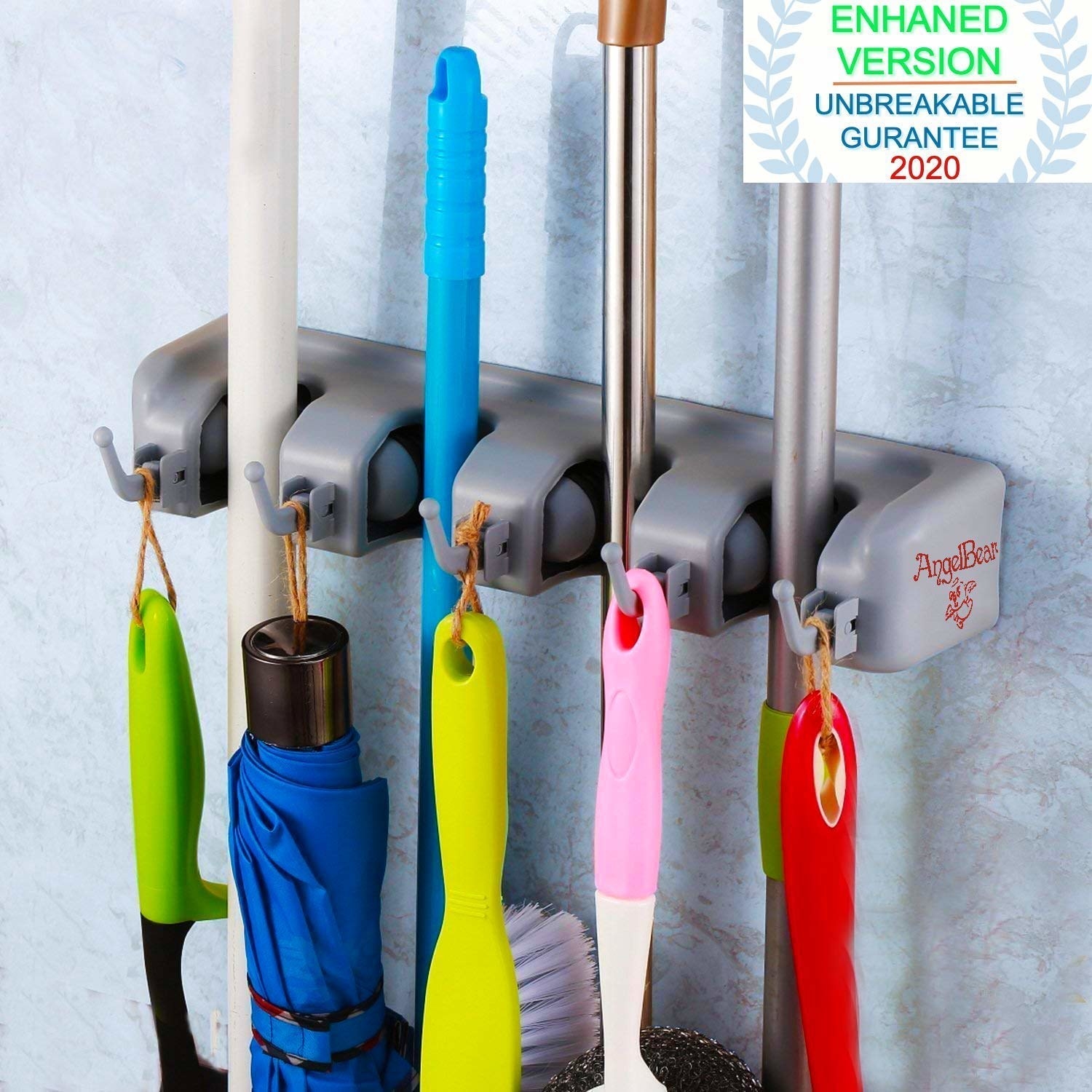 A wall-mounted mop holder with different cleaning utensils and an umbrella 