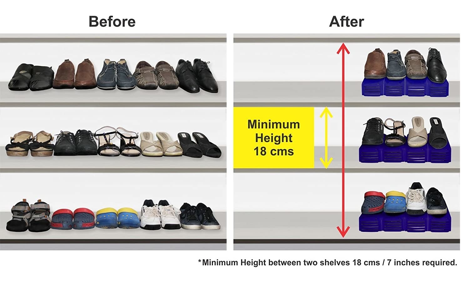 Before and after image of the shoe organiser. Left side has the shoes side by side and the right side has them stacked. 