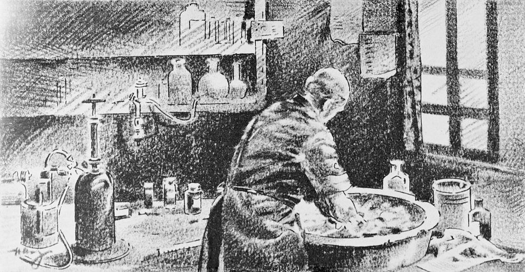 A sketch of Ignaz Semmelweis washing his hands in a basin