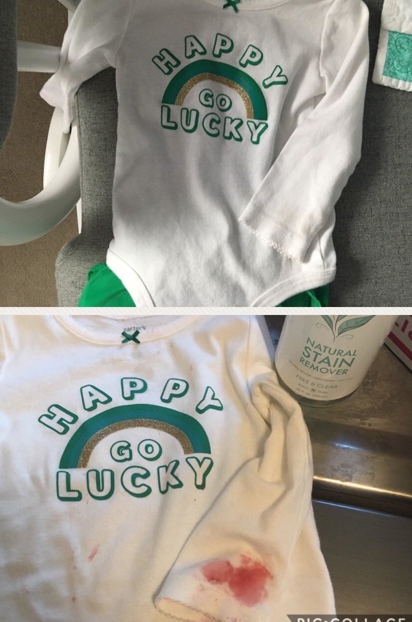 before and after reviewer images: before, a juice stained baby onesie; after: a clean white baby onesie