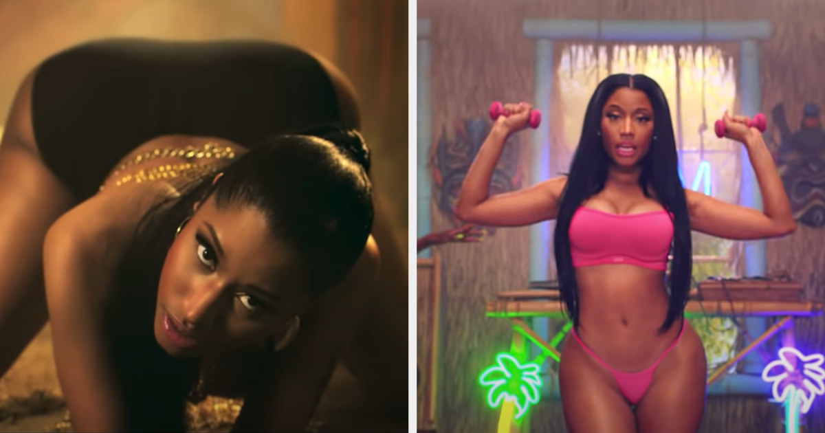 Nicki Minaj twerking on the ground and lifting weights from the music video