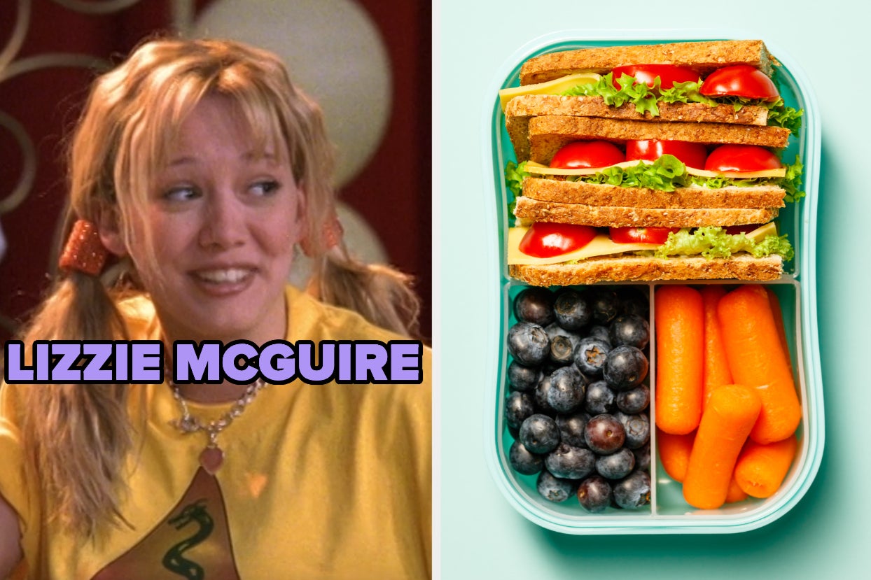 On the left, Lizzie McGuire, and on the right, a lunch box with a sandwich in one segment, blueberries in another, and baby carrots in the final segment