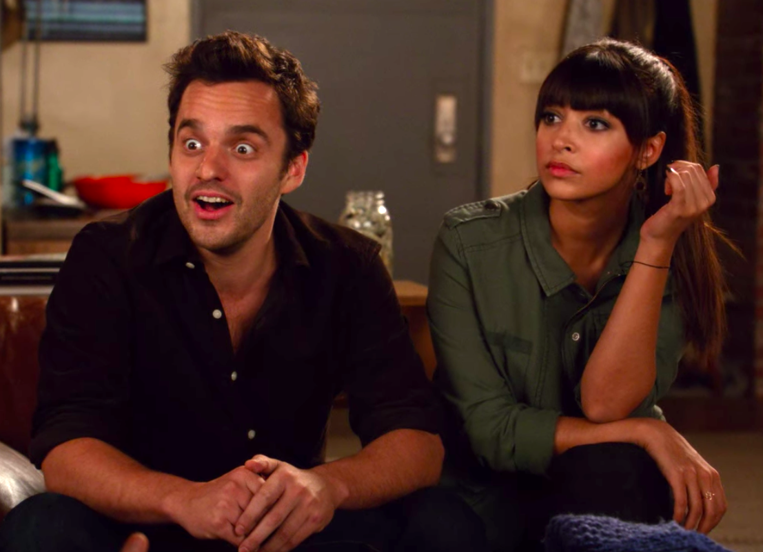 Nick and Cece from &quot;New Girl&quot; looking amused and at a loss for words