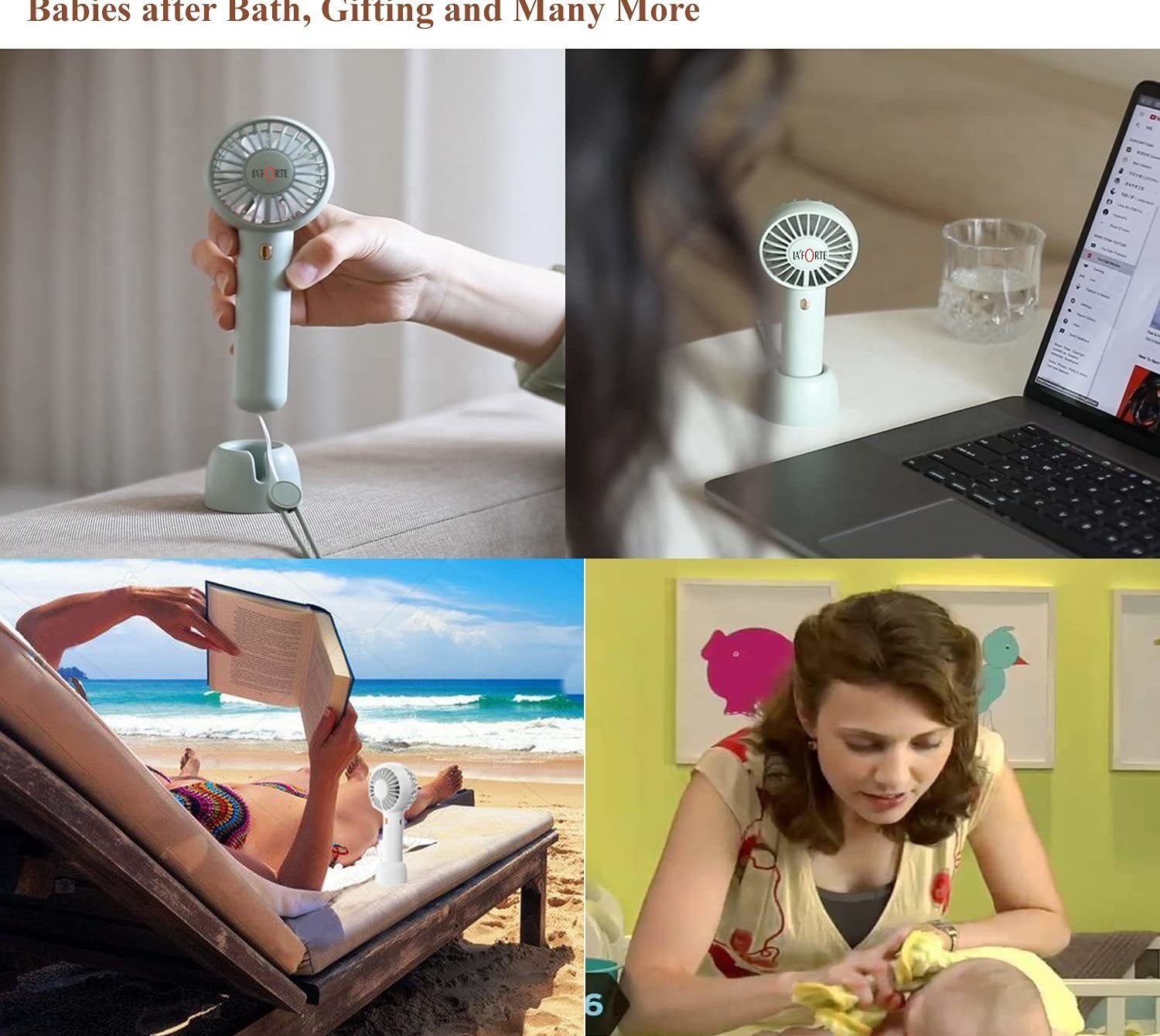4 pictures of the mini fan being used at home, in the office and outdoors. 