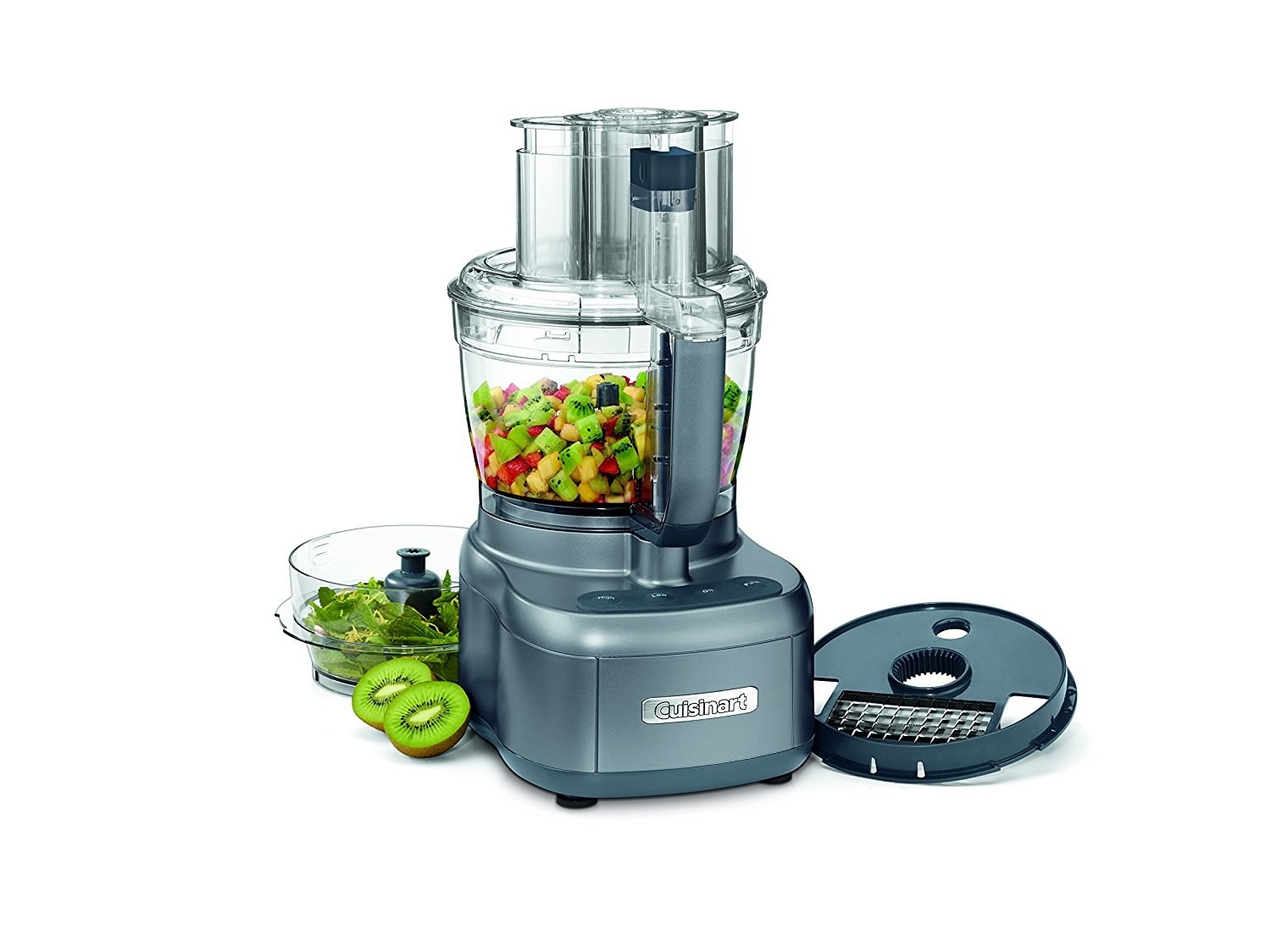 the gunmetal food processor with diced fruit inside