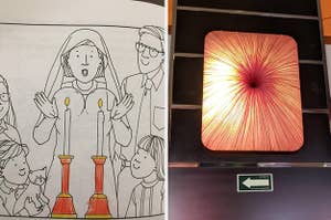 An illustration of a nun in front of two lit candles and their smell lines which resemble breasts and a picture in a lobby that looks like a butt hole