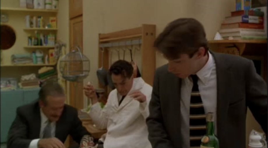 Everyone reacts to robin williams tripping during a scene 