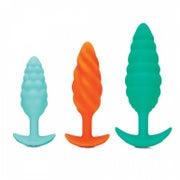 Small light blue textured butt plug, medium orange textured butt plug and large green textured butt plug