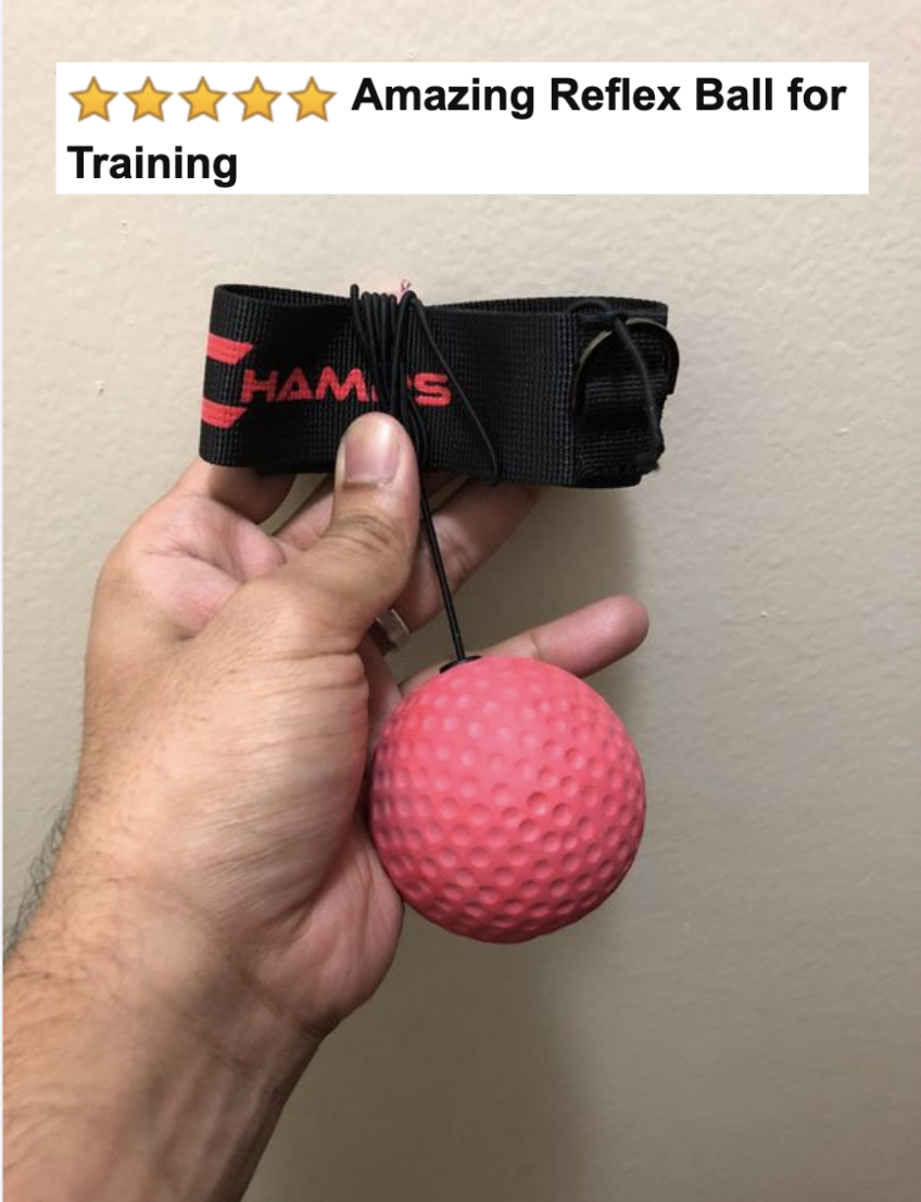 Reviewer holding the head band and ball kit with five-star caption &quot;amazing reflex ball for training&quot; 