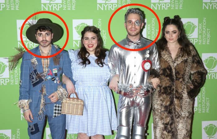 Noah Galvin, Beanie Feldstein, Ben Platt and Molly Gordon dressed as The Scarecrow, Dorothy, The Tin Man and The Lion, respectively, attend Bette Midler&#x27;s 2019 Hulaween at New York Hilton Midtown on October 31, 2019 in New York City