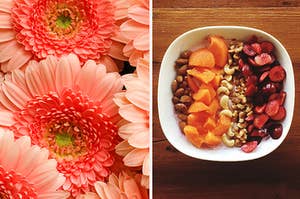 peach flowers on the left and a fruit bowl on the right