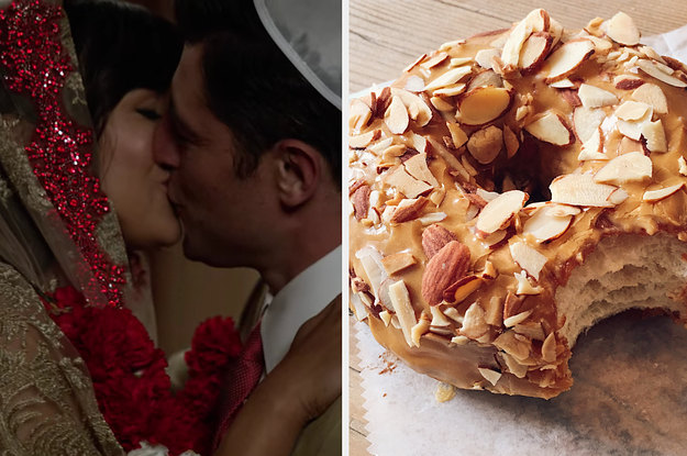 cece and schmidt from new girl kissing on the left and an almond donut on the right