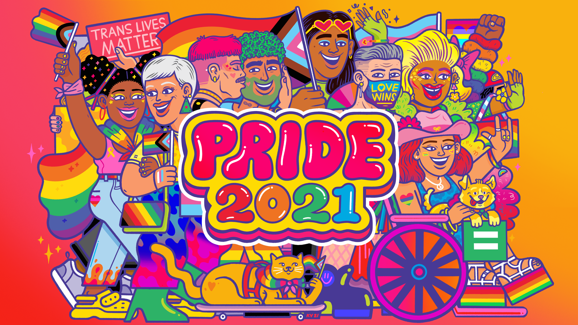 colorful animated graphic that says &quot;Pride 2021&quot; with people of all races hanging out and wearing different rainbow outfits, holding flags, holding protest signs, and just living life