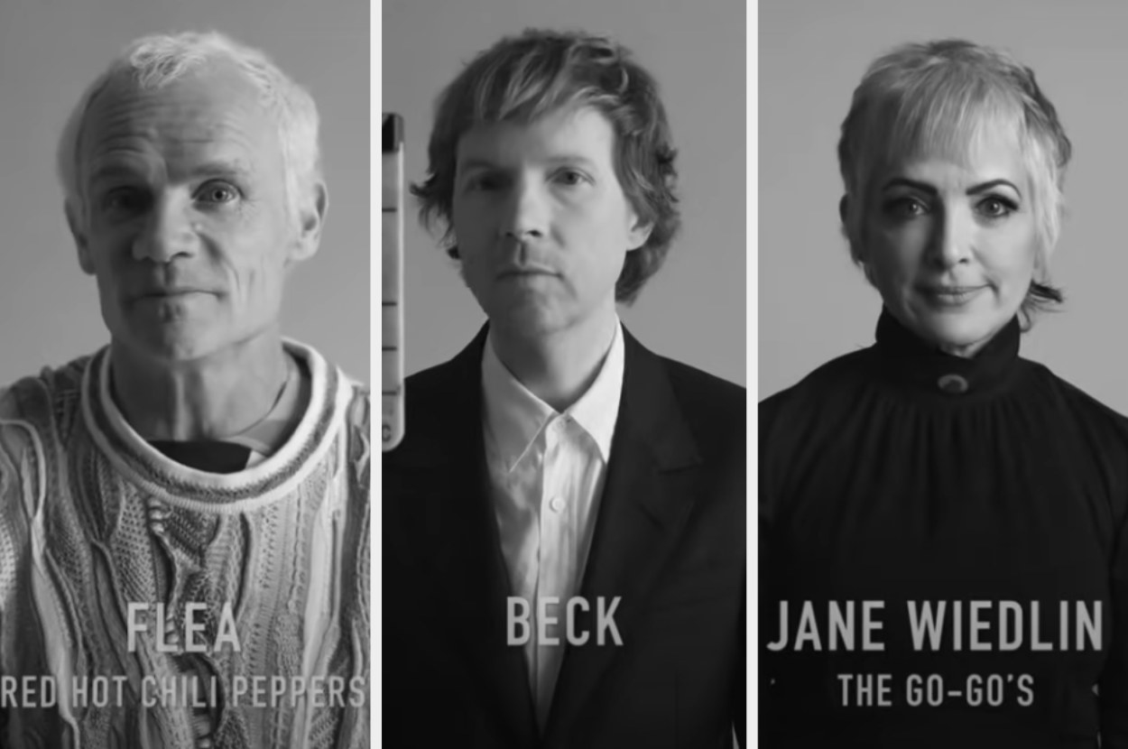 Musicians Flea, Beck, and Jane Wiedlin looking at the camera for the documentary