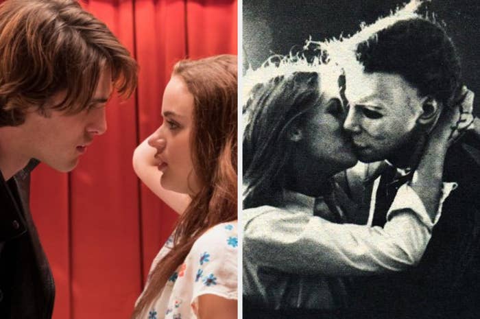 two couples, the one on the left staring deep into each other's eyes and the other couple being a final girl kissing michael meyers