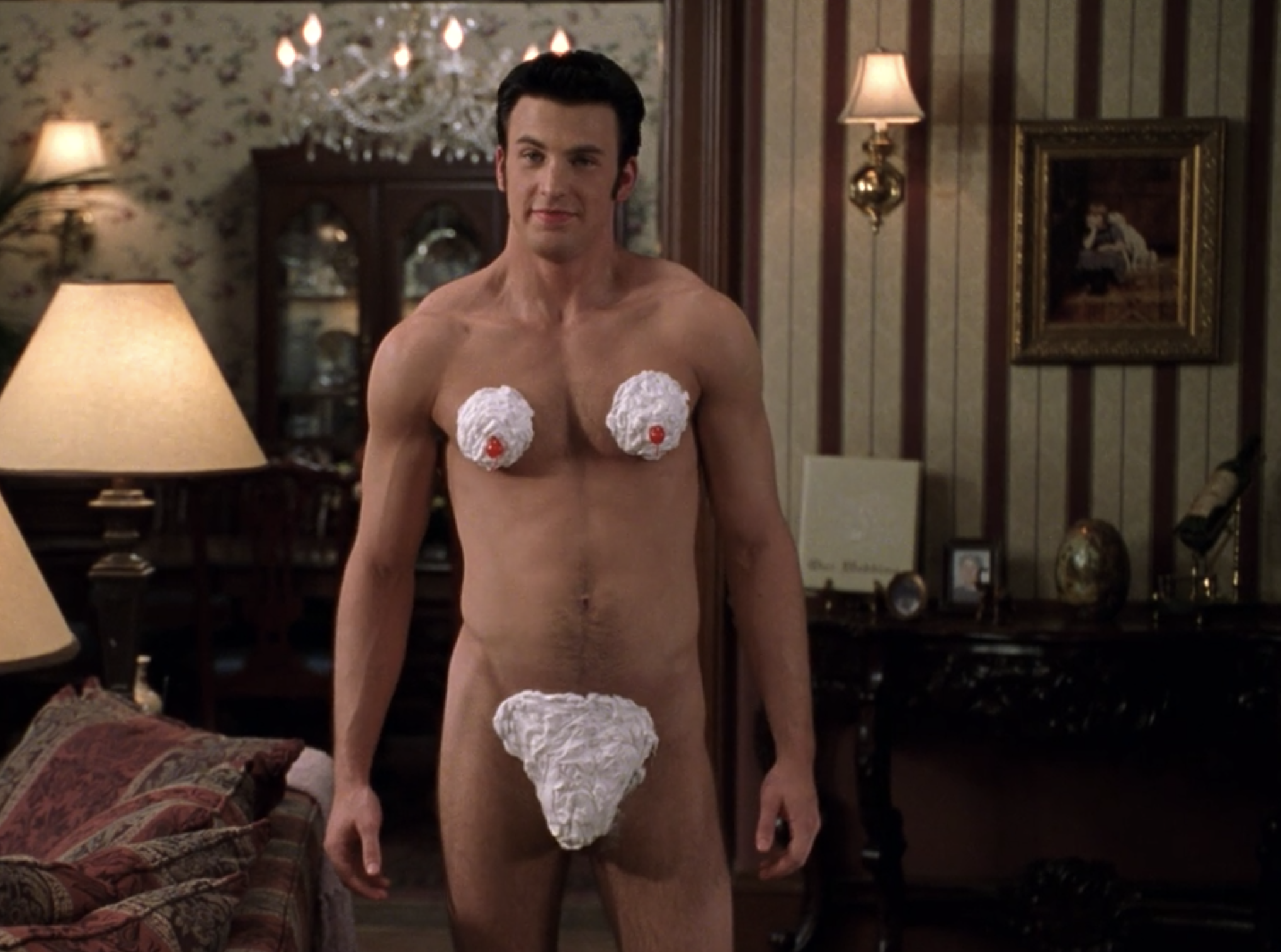 Chris Evans naked except for whipped cream covering his nipples and private parts