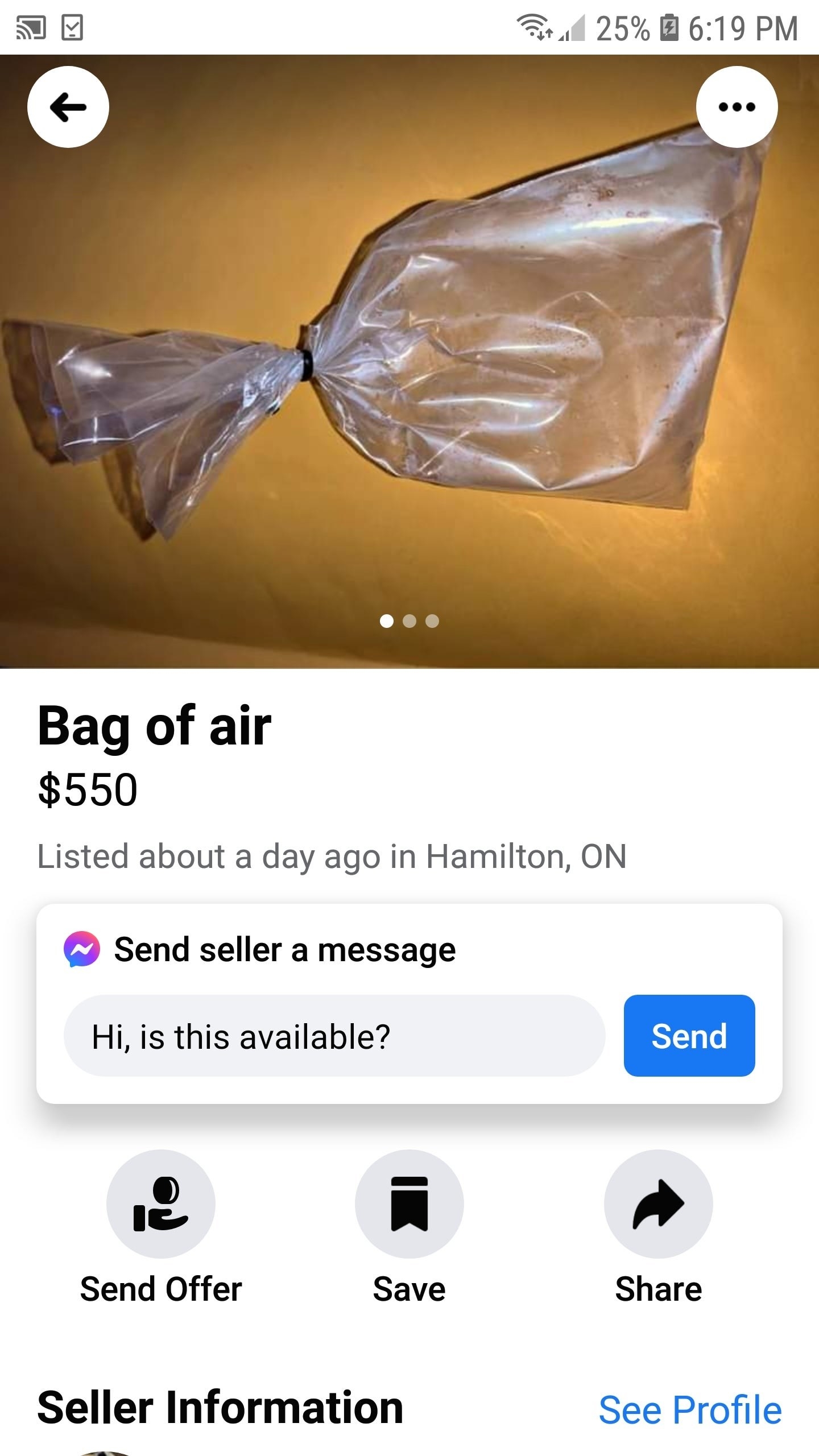 someone selling a bag of air for $550