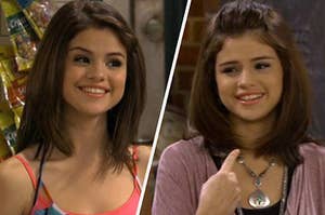 Alex Russo wears a pink tank top while smiling brightly and Alex Russo wears a purple cardigan while using one index finger to point at herself.
