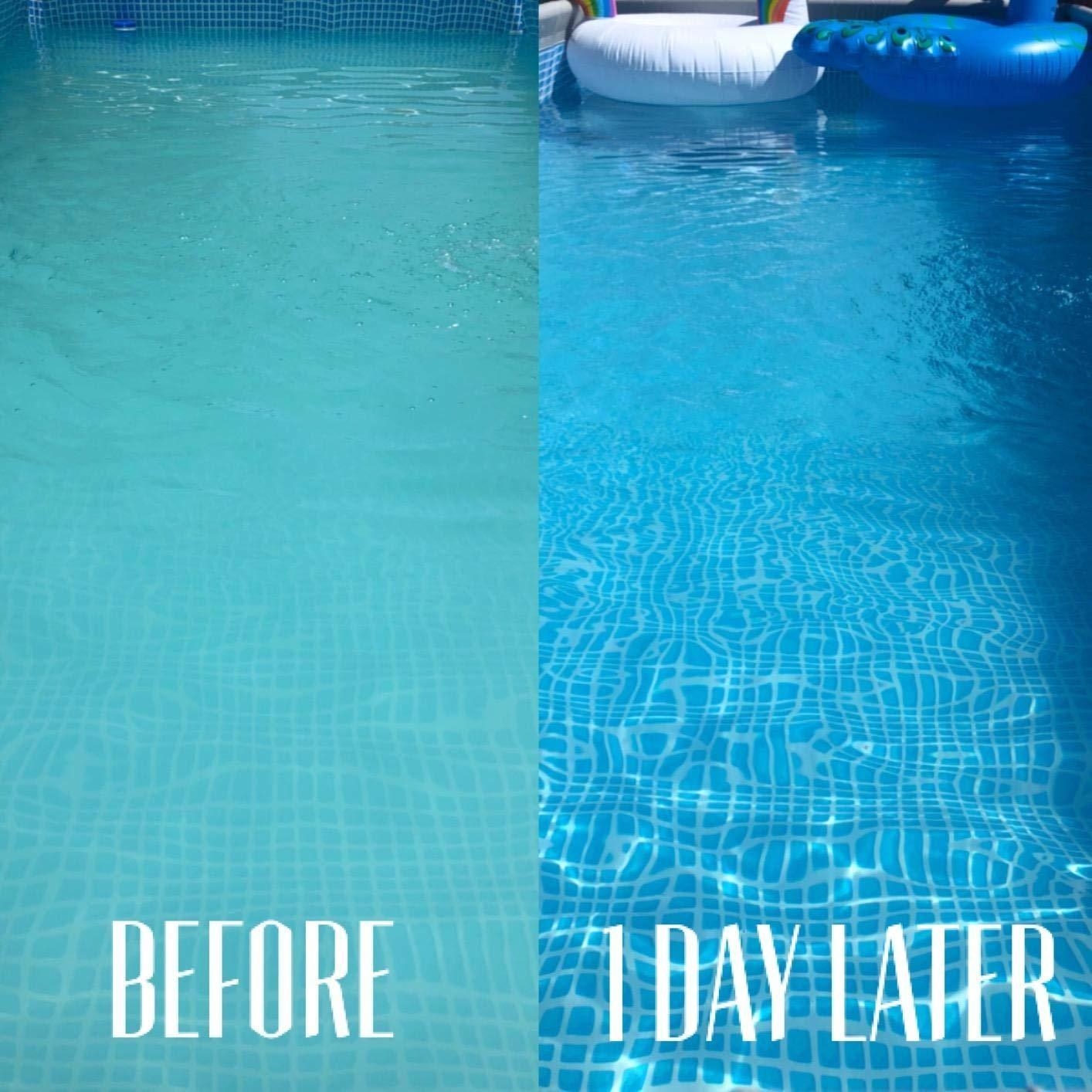reviewer before and after images of a pool: before, the water is green-ish and cloudy; after, the water is crystal clear