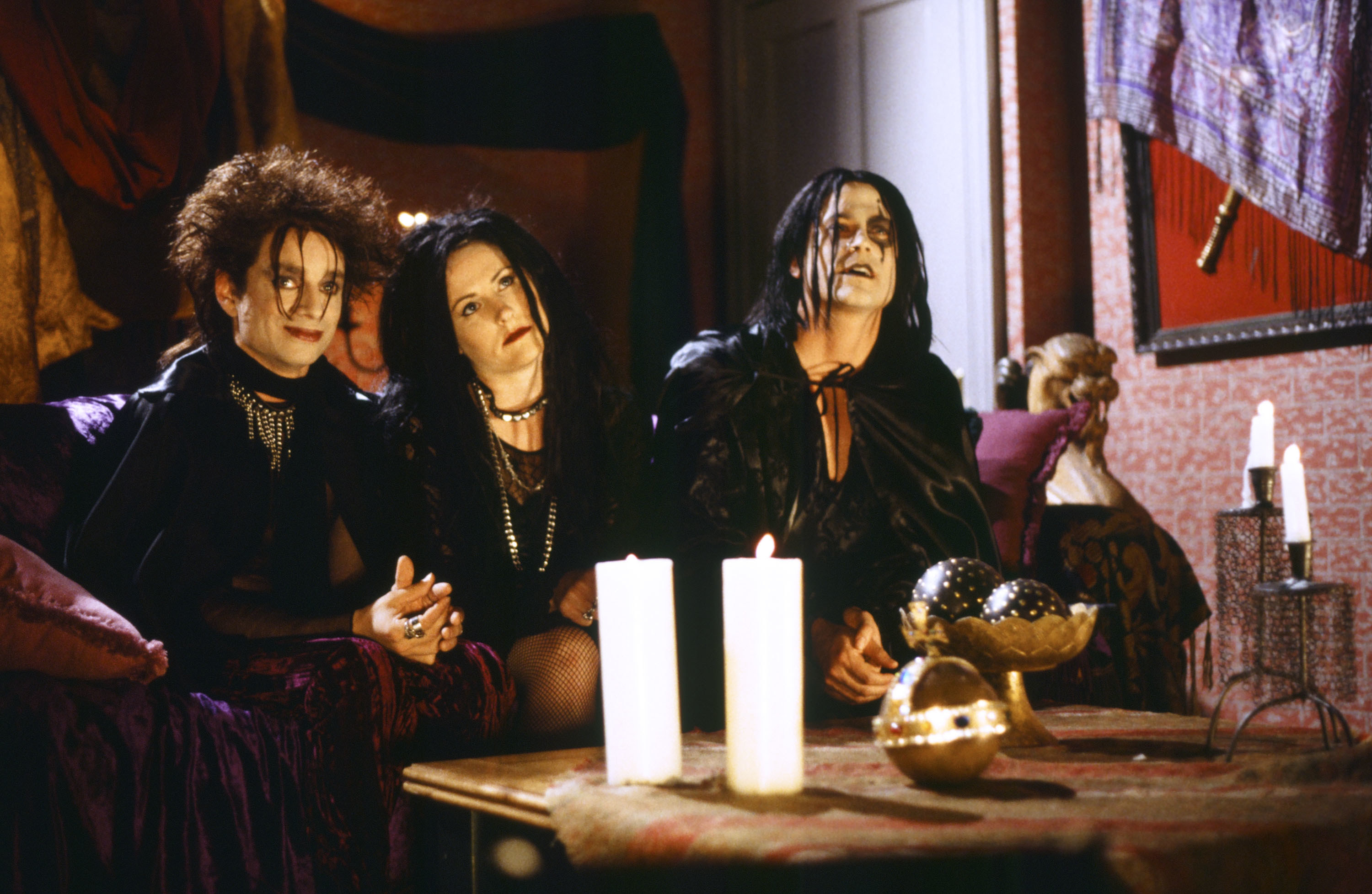 Chris Kattan as Azrael Abyss, Molly Shannon as Circe Nightshade, Rob Lowe as The Beholder during the &#x27;Goth Talk&#x27; skit