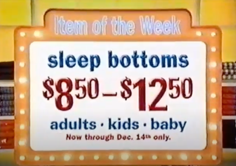 Screenshot of Old Navy commercial &quot;Item of the Week&quot; sleep bottoms in a marque 