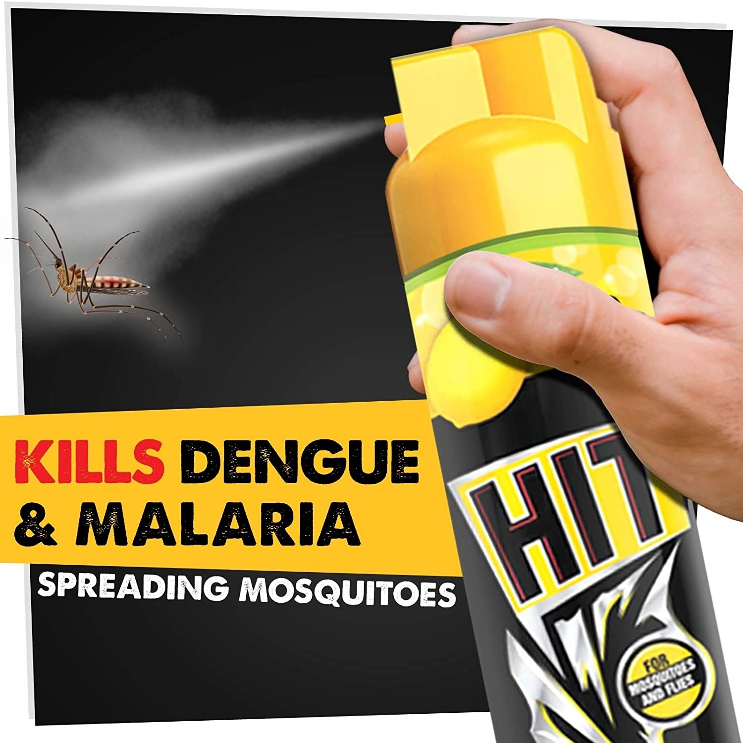 A person spraying a mosquito with HIT bug spray.