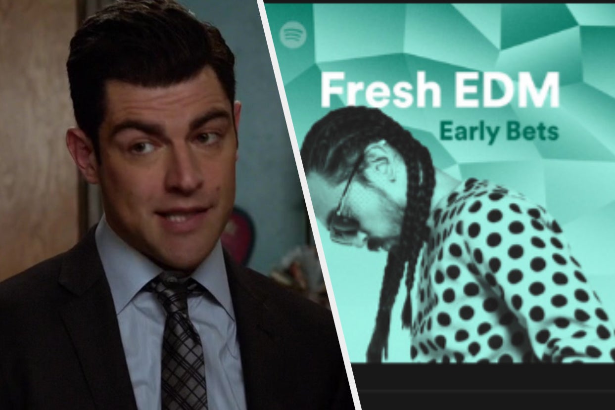 Schmidt is mid sentence as he talks to someone off screen and the Fresh EDM Spotify playlist photo shows a man with long braids wearing sunglasses and a polka dot shirt looking downwards.