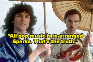 The Sparks brothers posed on the beach in the 1970s and the text: "All pop music is re-arranged Sparks. That's the truth"