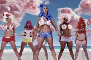 Katy Perry wearing a cupcake bra from the "Califorina Gurls" music video