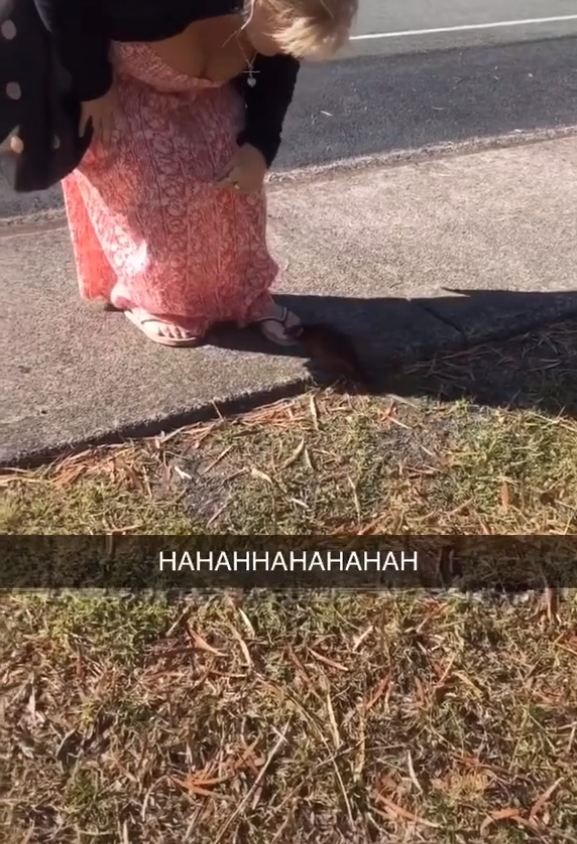 A woman leaning down towards a possum