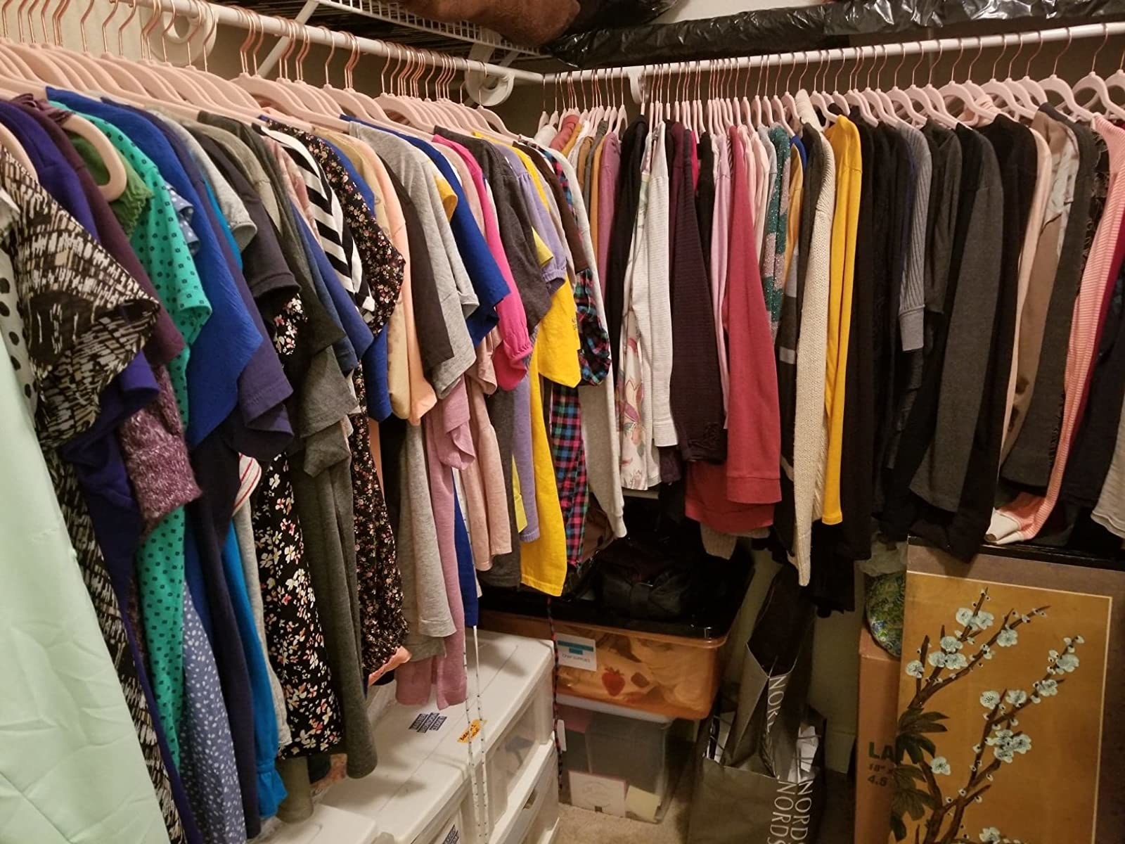 reviewer image of a closet organized with light pink velvet hangers