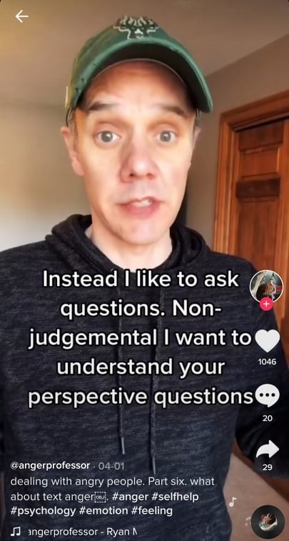 In a screenshot, Ryan saying, &quot;Instead, I like to ask questions, nonjudgmental, I-want-to-understand-your-perspective questions&quot;