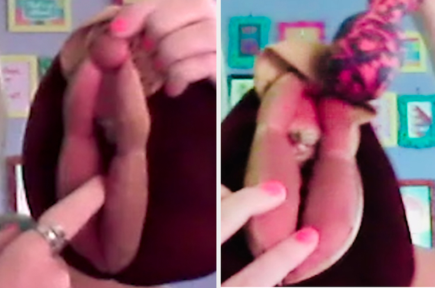 left image is finger in plush vulva and right is vibrator on plush vulva