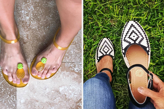 (left) Pineapple jelly flats (right) woven ankle-strap shoes