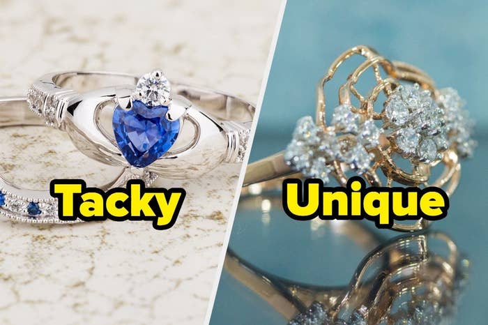 Claddagh ring with blue topaz and the word &quot;Tacky&quot; and unique diamond ring with design 