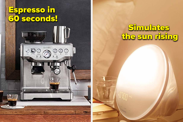 espresso machine on the left and a sunrise alarm clock on the right