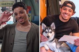 Side-by-sides of Anthony Ramos in "In The Heights" and cuddling with his dog