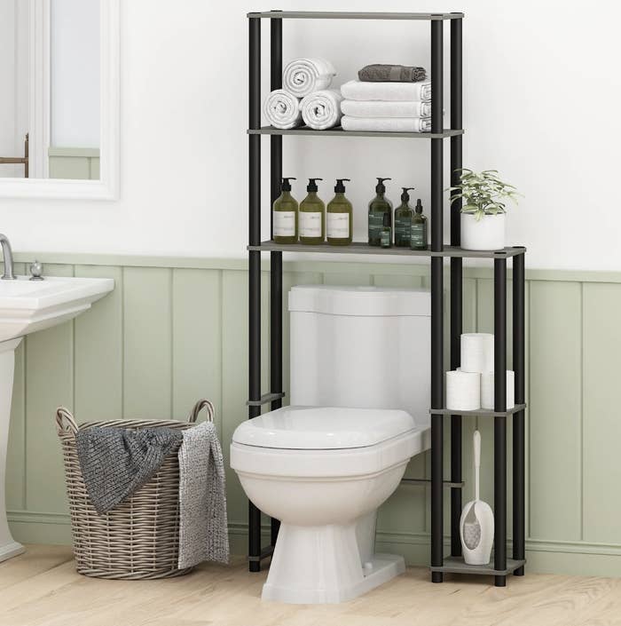 An over-the-toilet storage unit in a bathroom